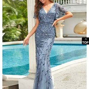 Gorgeous V neck leaf-sequenced fishtail party dress